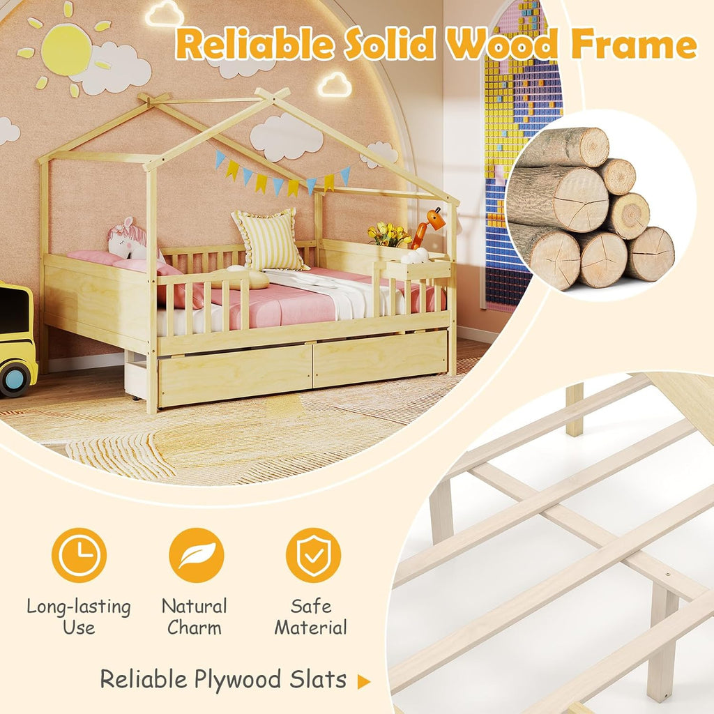 Full House Bed with Drawers, Wooden Full Size Bed Frame with Cube Storage & Fence Rails, Montessori Beds for Kids