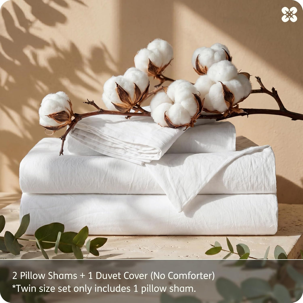 100% Washed Cotton Duvet Cover - Natural White Minimalist Bedding Set Linen Like - PureWoven Plain Simple