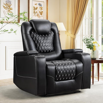 Power Recliner Chair with USB Ports and Cup Holders - Overstuffed Electric Home Theater Seating PU Leather Reclining Furniture with Hidden Arm Storage, Easy to Clean (Black)