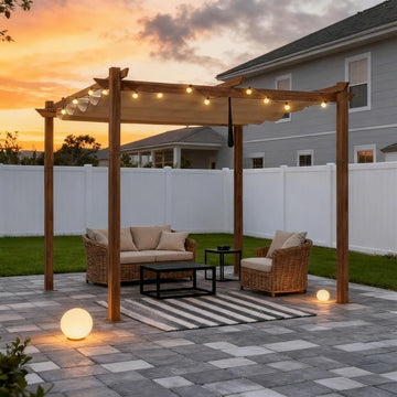 10' x 10' Outdoor Retractable Pergola with Sun Shade Canopy Patio Metal Shelter for Garden Porch Pavilion Natural Wood