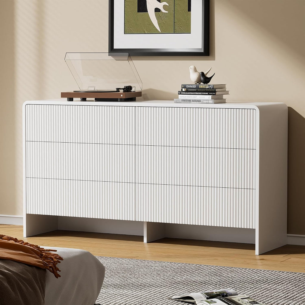 55" Wide Modern Dresser , 6 Drawer Chest of Drawers with Curved Design, Push-to-Open Storage Dresser, White