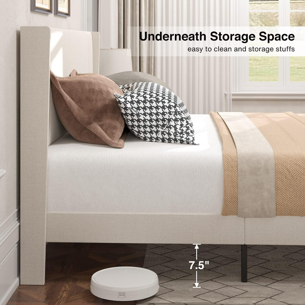 Queen Bed Frame with Wingback Headboard, Upholstered Platform Bed, Wooden Slats, Noise-Free, No Box Spring Needed