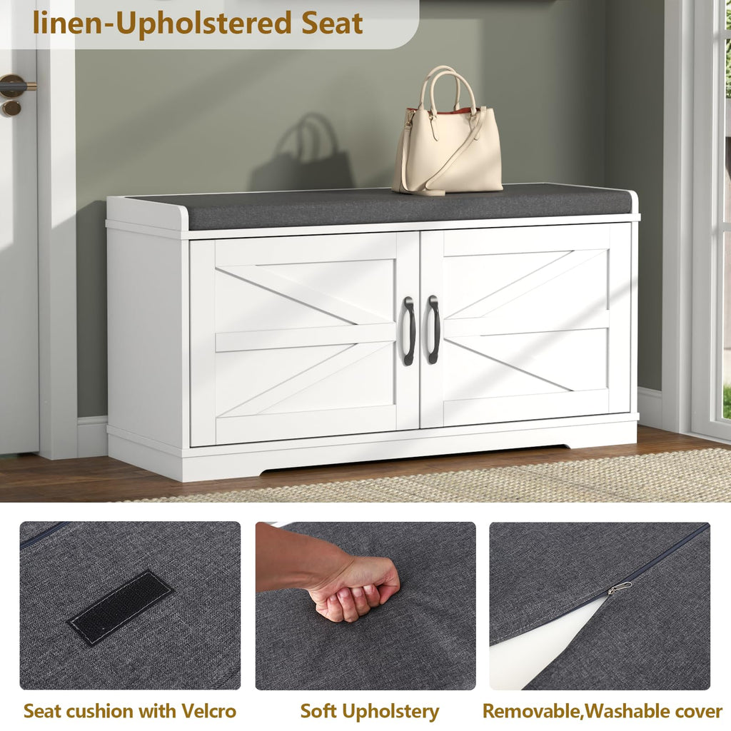 Shoe Storage Bench, 2-Tier Farmhouse Entryway Bench with Padded Seat Cushion, 13.78" D x 39.37" W x 19.69" H, Slim