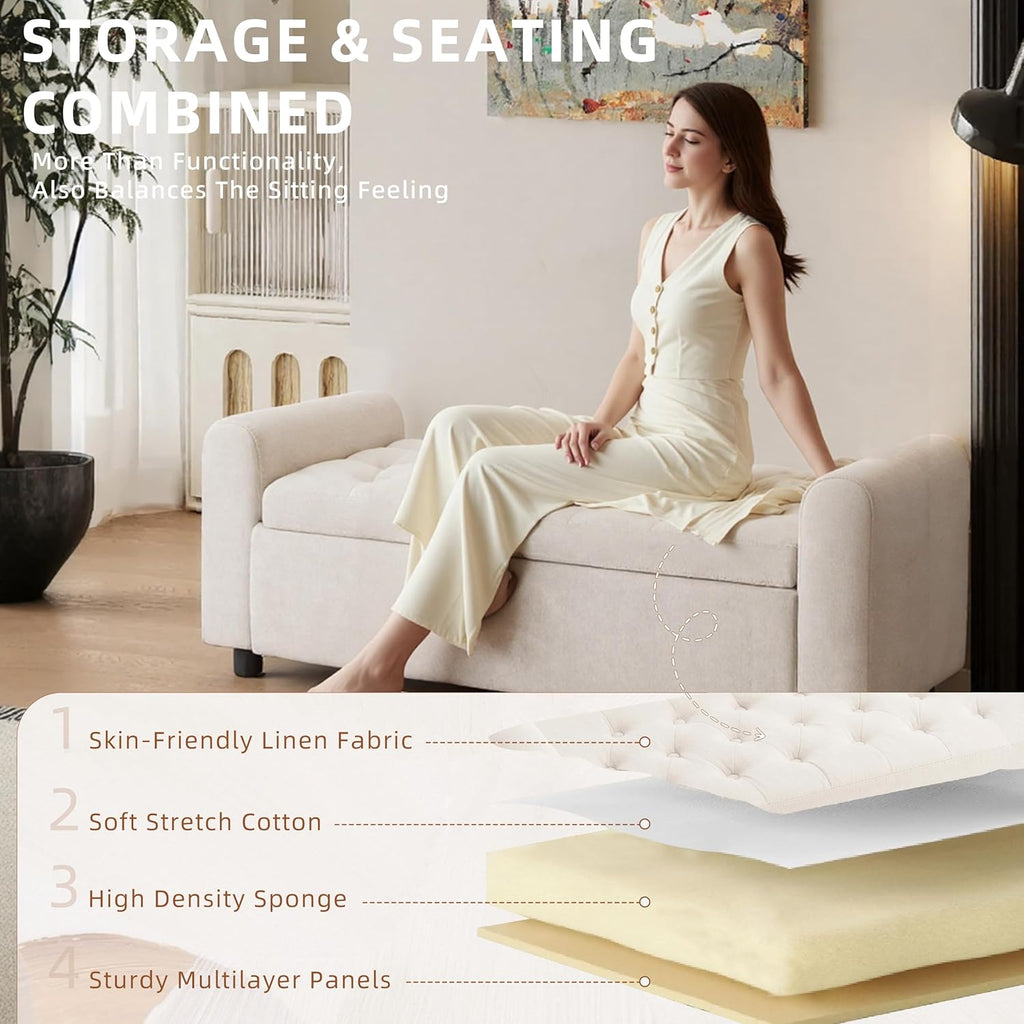 48" Ottoman with Storage, Tufted Storage Ottoman Bench, Convenient Living Room Fabrics Bench Seat, Entryway Shoe