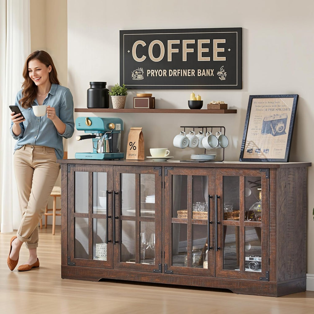 Farmhouse 63" Buffet Sideboard Cabinet with Glass Door, Large Storage Cabinet with Adjustable Shelf