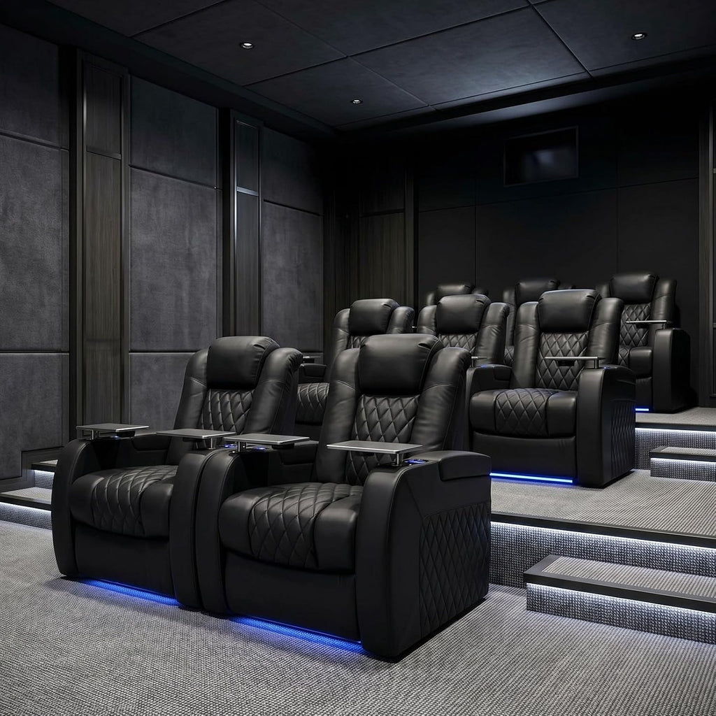 Home Theater Seating Genuine Leather Recliner Chair, Power Reclining & Headrest, USB A/C Charging Ports