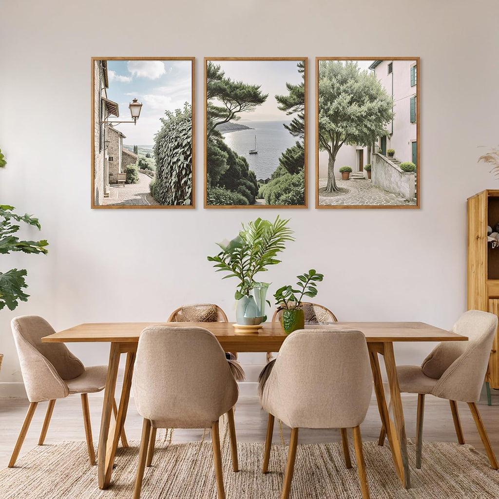 Neutral Italy Cityscape Gallery Framed Wall Art(16"x24"), 3PCS Vintage Mediterranean Countryside Landscape Canvas