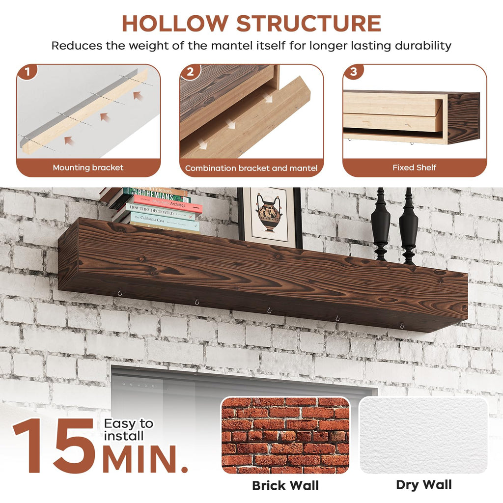 60" Rustic Fireplace Mantel, Solid Wood Floating Shelf, Walnut