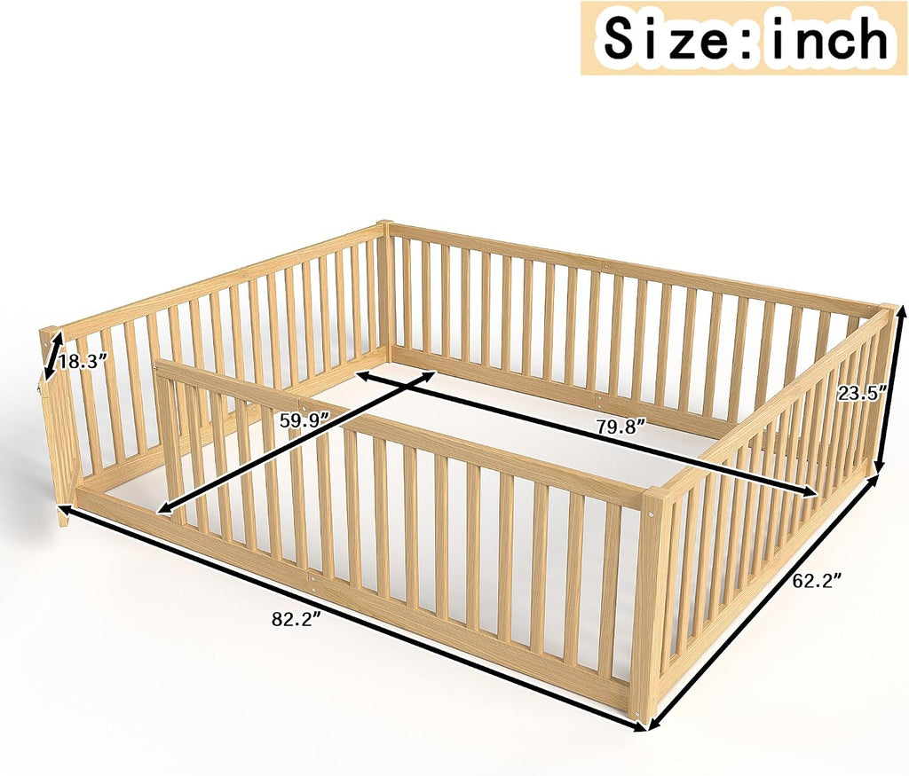 Queen Size Floor Bed with Door and High Guardrail, Queen Size Montessori Floor Bed with Fence, Easy Assemble
