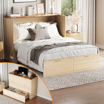 Queen Murphy Bed with Storage Drawer,2 Charging Station,Fluted Wooden Foldable Bed Cabinet,Boho,Hideaway Paltform