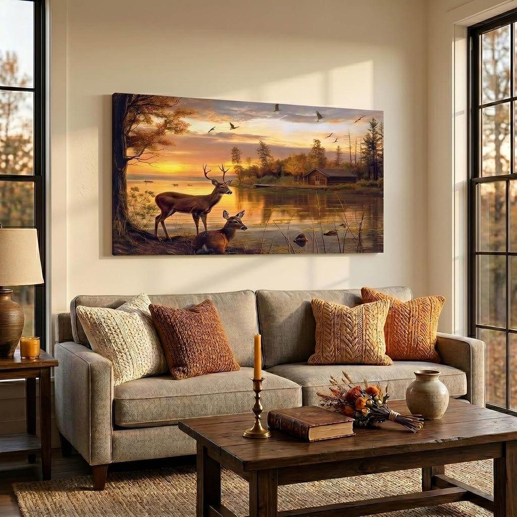 Golden Rustic Animal Deer Canvas Print Framed Vintage Wildlife Home Decor Livingroom Decorations Wall Art (Framed