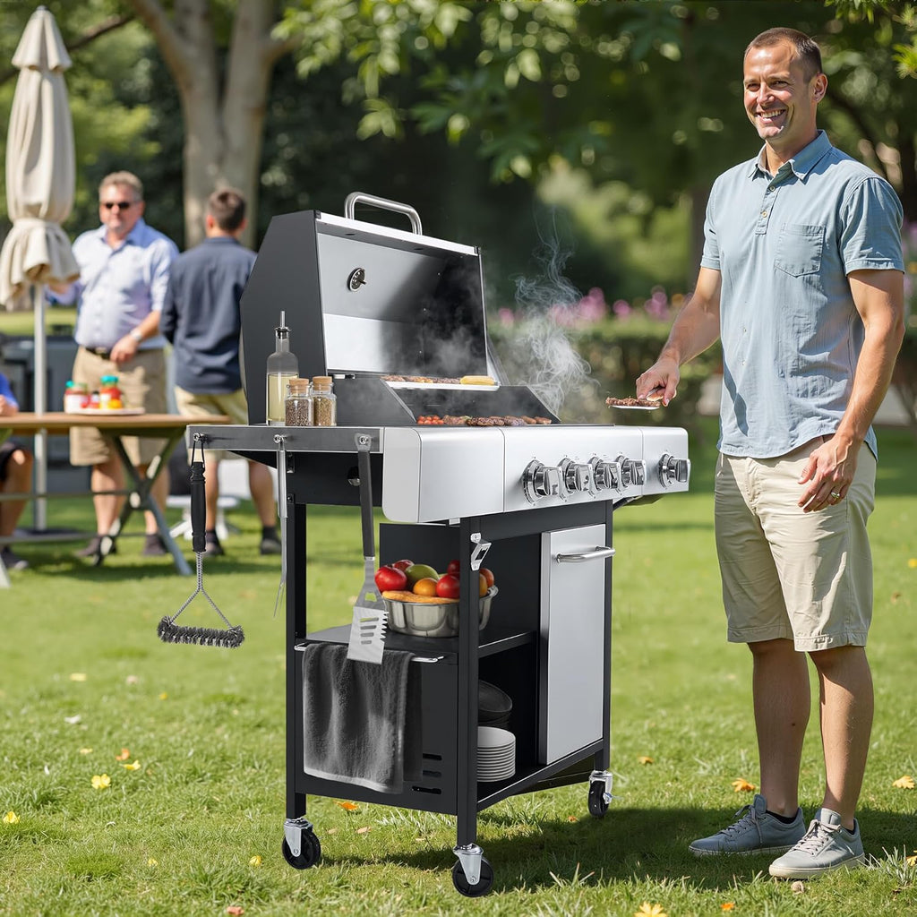Propane Gas Grill with Side Burner, 50,000 BTU Stainless Steel BBQ Grill with Wheels for Patio and Backyard (Silver)