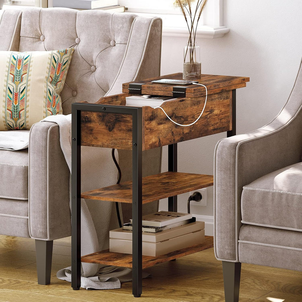Set of 2 End Tables, Side Table with Charging Station, Flip Top Nightstand with USB Ports and Outlets, Bedside Tables