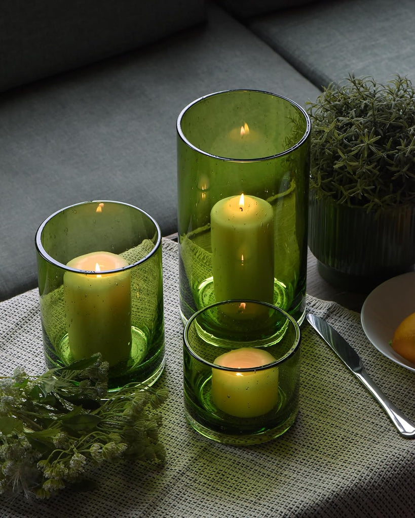 Hurricane Candle Holders Set of 3, Spring Green Glass | Seeded Bubbles, Pillar Candle Holders, Cylinder Vase