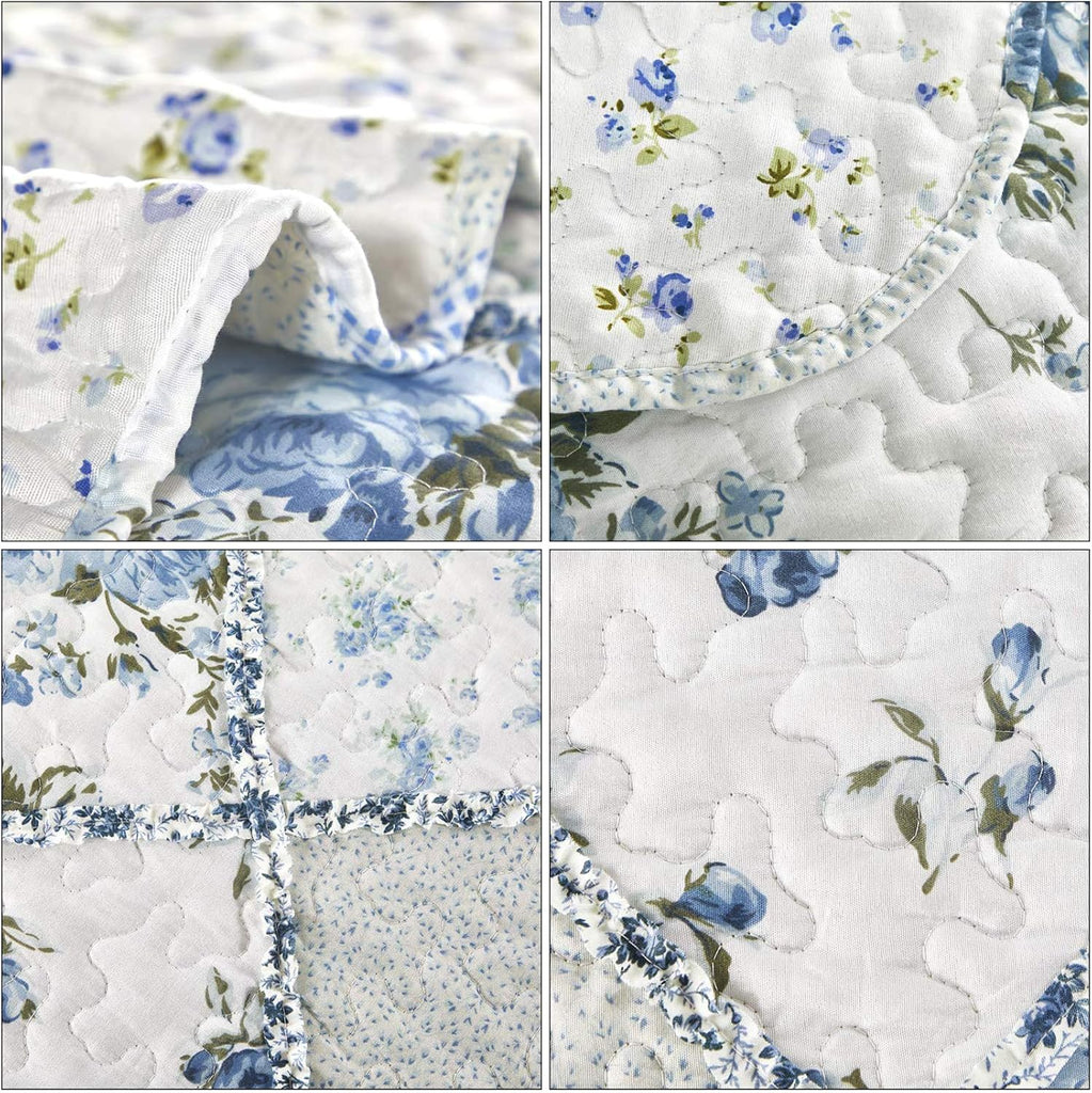 Blue Floral Patchwork Quilt Set, 3 Piece Bedding Set with 2 Pillowcases