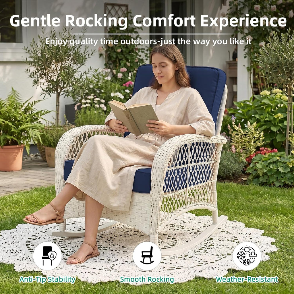 Outdoor Wicker Rocking Chair, Patio Rattan Rocker Chair with Cushions & Steel Frame, All-Weather Rocking Lawn