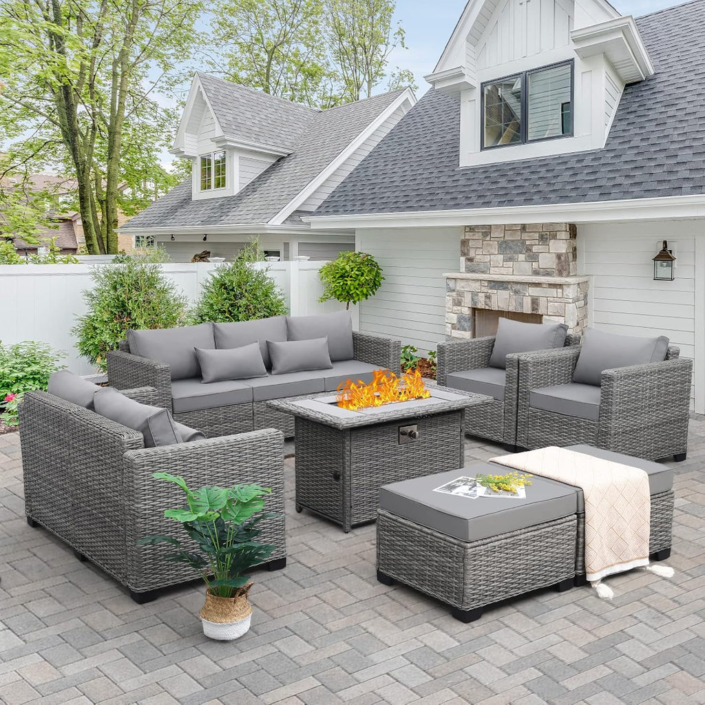 60000 BTU Wicker Gas Fire Pit Outdoor Fire Pit Table 45 Inch Fire Pits for Outside with Woodgrain Marble Tabletop Fire P