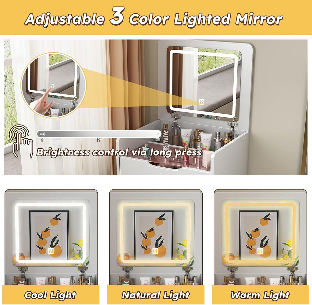 3 in 1 Vanity Desk with Plip Top Mirror, 18.9" D Small Makeup Vanity Set with Visible Glass Desktop, Compact Dressing
