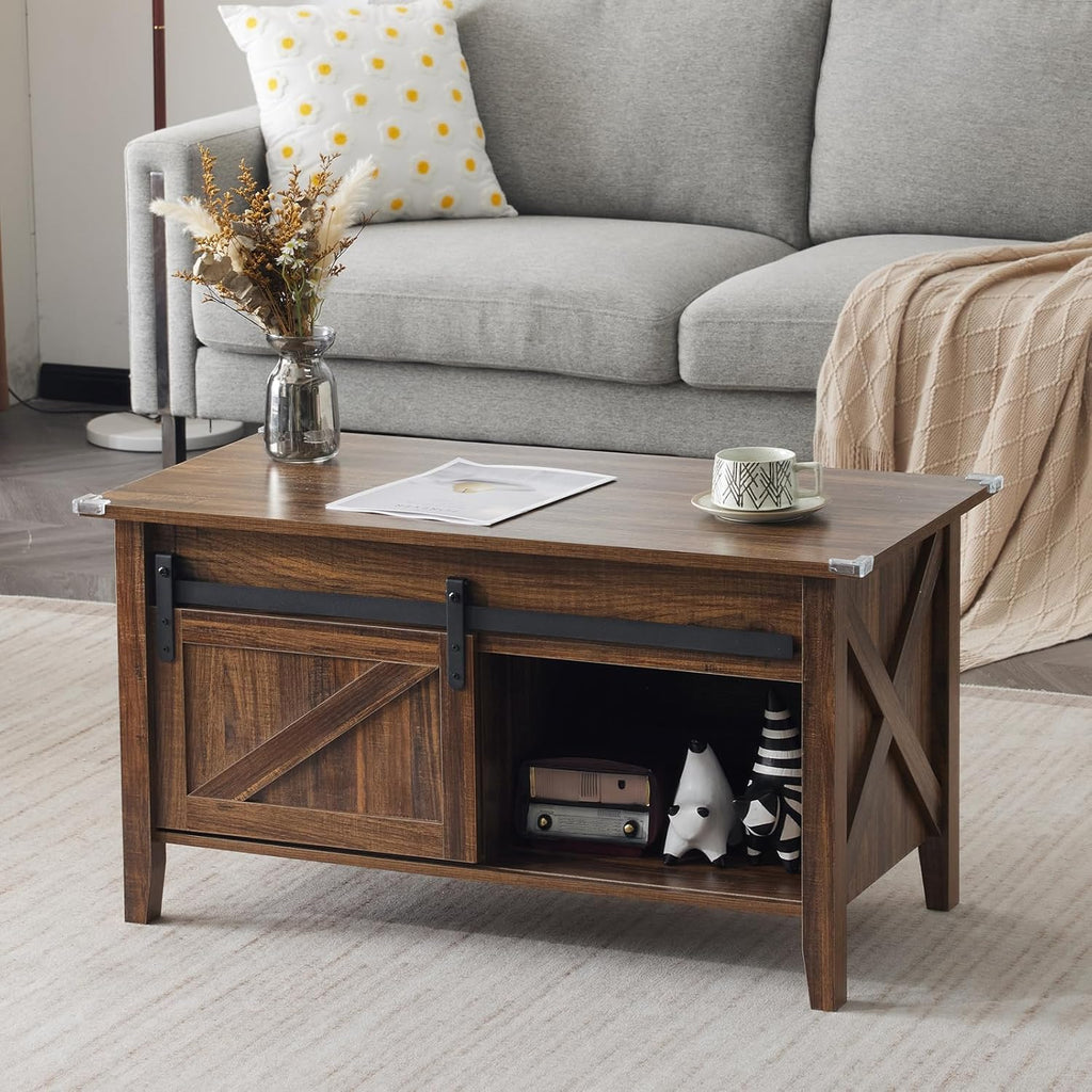 Farmhouse Lift Top Coffee Table, Rustic Grey with Storage Shelf/Hidden Compartment, Mesa De Centro para Sala