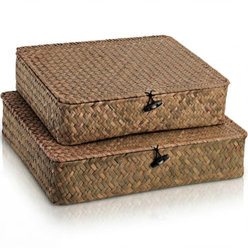 2 Pack Flat Wicker Woven Storage Bins with Lid and Wood Toggle, Natural Handmade Seagrass Basket Set, Rattan