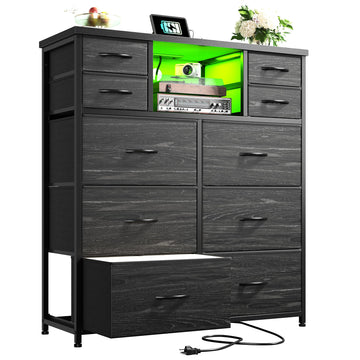 10-Drawer Tall Dresser, LED & Charging Station, Black