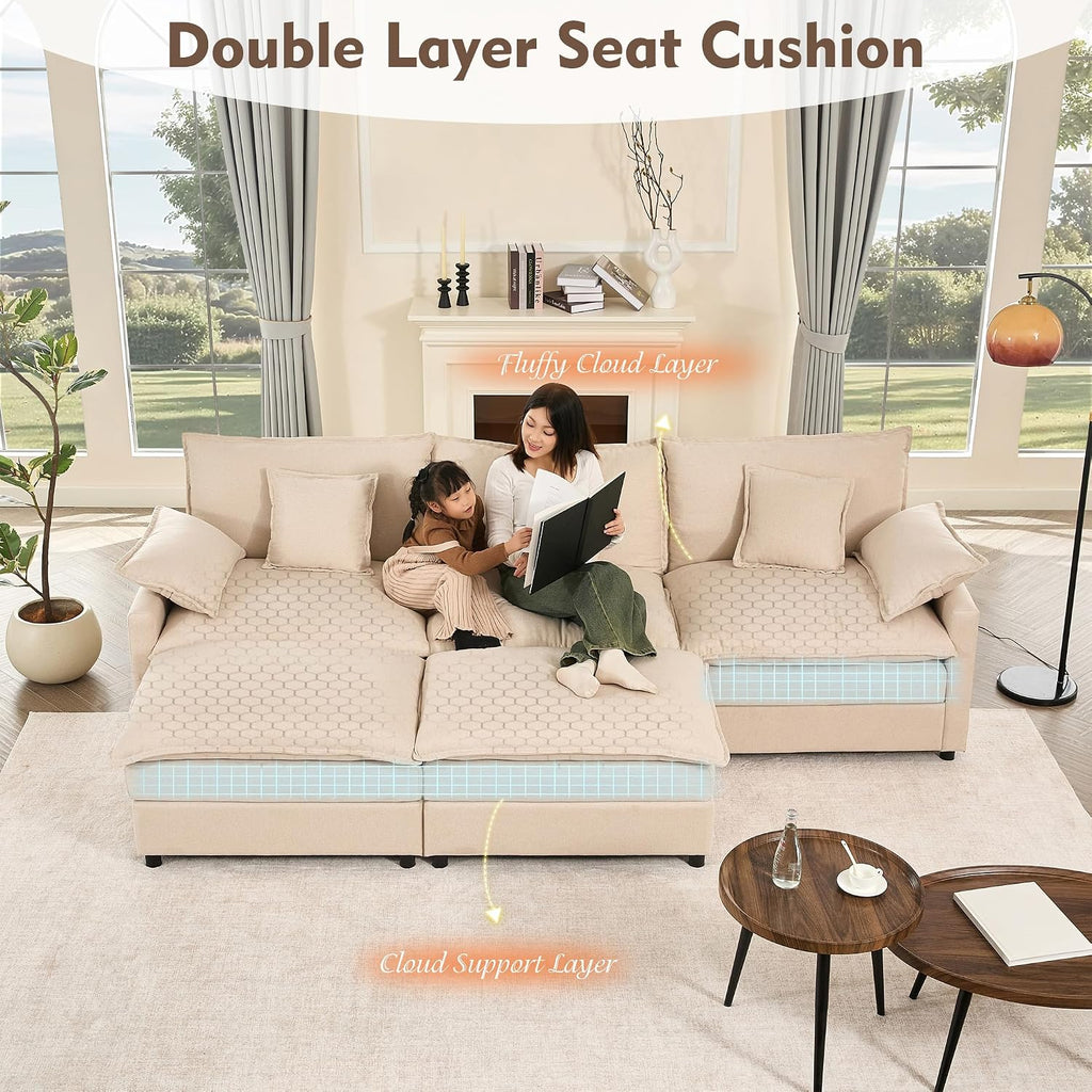 108" U-Shaped Modular Cloud Couch, Deep Seat, Linen Beige | Cloud Comfort, Couches , Removable & Machine-Washable
