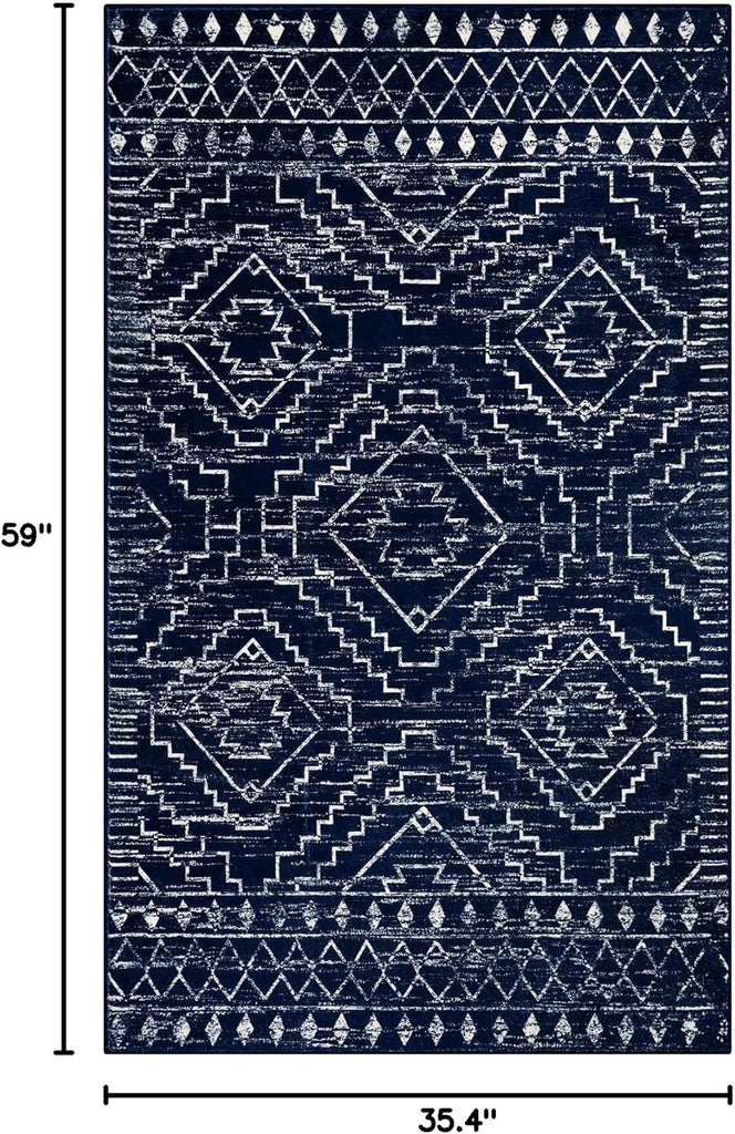 Moroccan Washable Rug, Blue Non-Slip Entryway Area Rug, Soft Farmhouse Bedroom Throw Mat, Geometric Low Pile