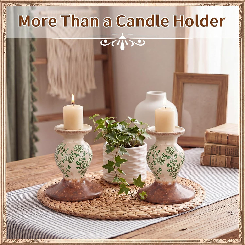 2 Pcs Terracotta Pillar Candle Holders Floral Sculptural Taper Candlestick Rustic Farmhouse Decorative Candleholders