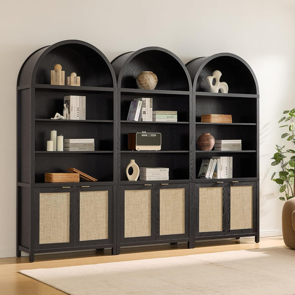 Book Shelf Arched Cabinet Bookshelf Arch 84.2" Tall Bookcase 5 Tier Large Bookshelves with Doors Storage Rattan Boho