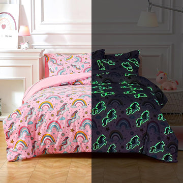 Glow in The Dark Kids Comforter Set, 3 Pieces Pink Unicorn Bedding Set for Boys Girls Teen, 1 Comforter, 1