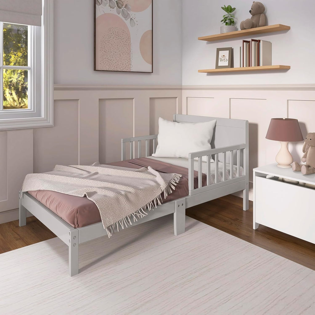 Toddler Bed, Low Floor Wooden Bed, Side Safety Bed Rails, GREENGUARD Gold & BSA Certified, Non-Toxic Paint