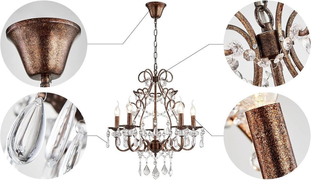 5-Lights Crystal Chandelier in Farmhouse Style, K9 Crystal Pendant Light for Bedroom, Dining Room, Living Room, H24 x D23, Chain Adjustable