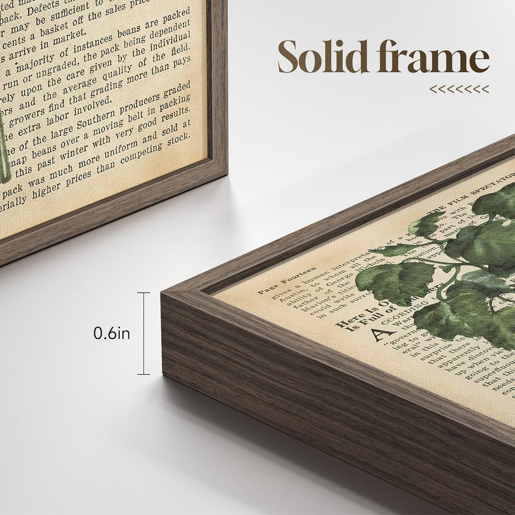 Framed Vintage Botanical Wall Art, Set of 6 Green Leaf and Fern Canvas Painting Prints, Rustic Farmhouse Plant