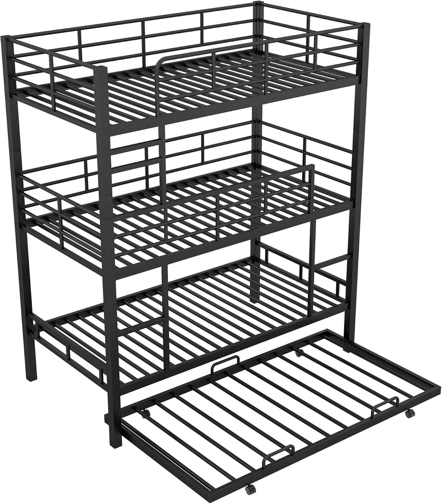 Triple Bunk Bed with Trundle Guardrail & Ladder Twin Metal, No Box Spring Needed, Easy Assemble