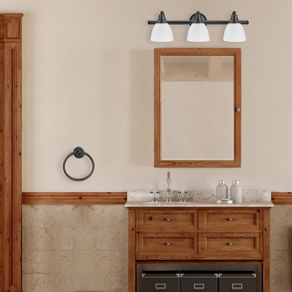 Jayden 5-Piece All-In-One Bathroom Set, Oil Rubbed Bronze, 3-Light Vanity Light with Frosted Glass Shades, Towel Bar