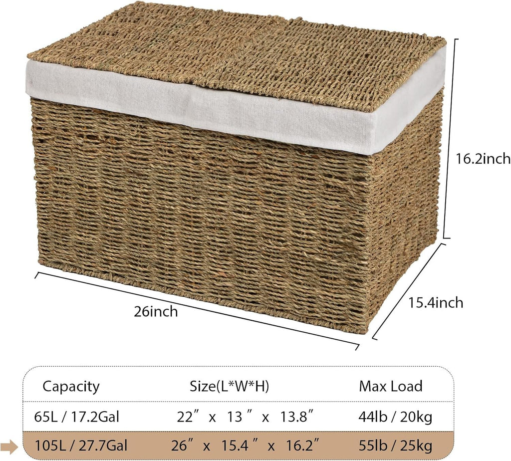 Handwoven Wicker Storage Basket with 2 Lids & Liners, Large Shelf Basket for Clothes, Toys, Blankets, Foldable