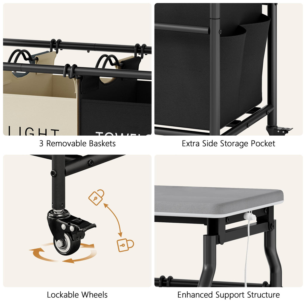 3 Section Laundry Sorter with Ironing Board, Hamper with Wheels