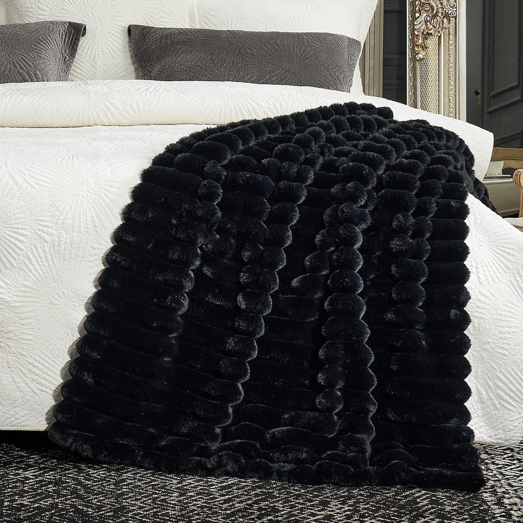 Faux Fur Throw Blanket, Cozy Warm Plush Striped Blanket, 50 * 60 Inches Black