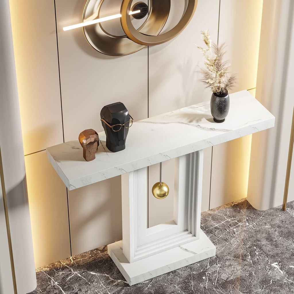 Modern Console Table, 40 Inches Faux Marble Sofa Table, Contemporary Entryway Table with Pendulum Shape Base Hallway