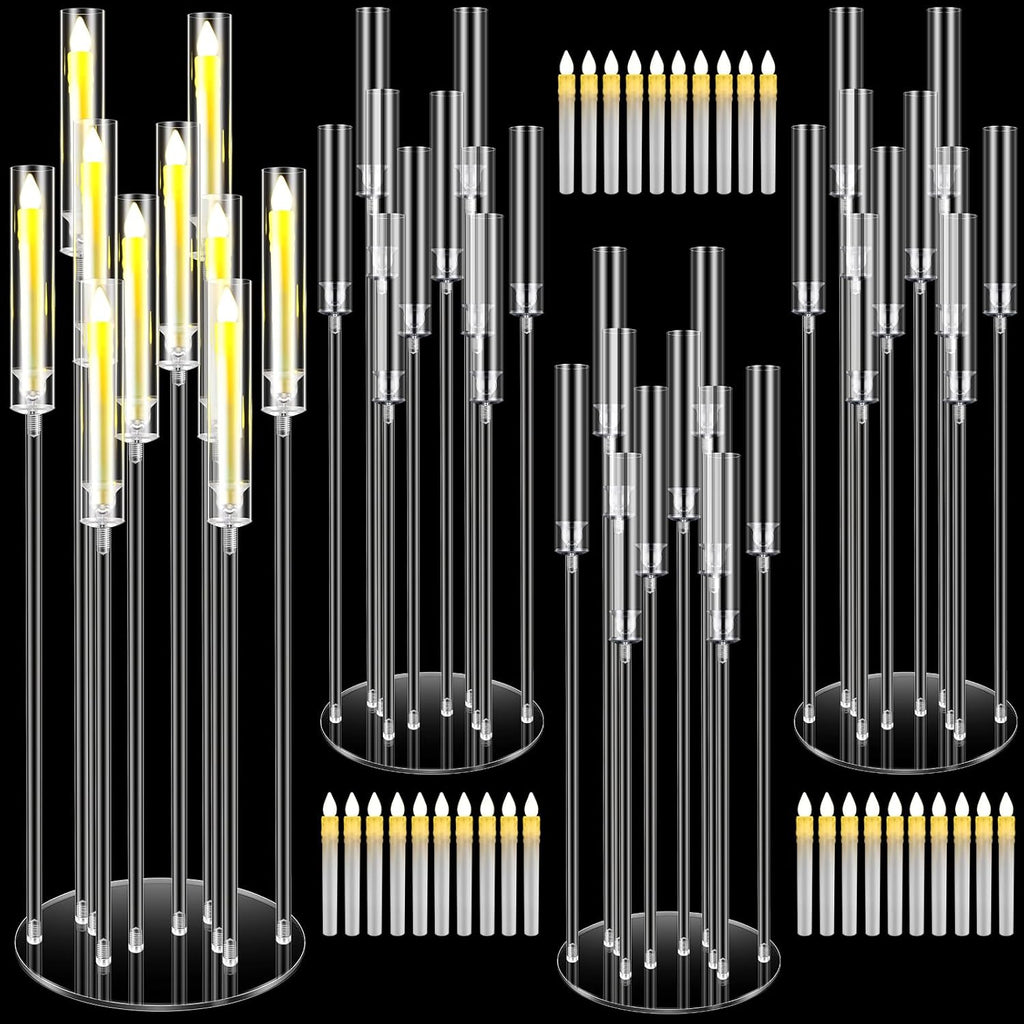 4 Pcs 10 Arm Wedding Acrylic Candelabra Table Centerpieces with 40 LED Candle 46.5'' Tall Floor Candlestick Clear