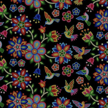 Tucson Beaded Hummingbirds Black, Fabric by The Yard