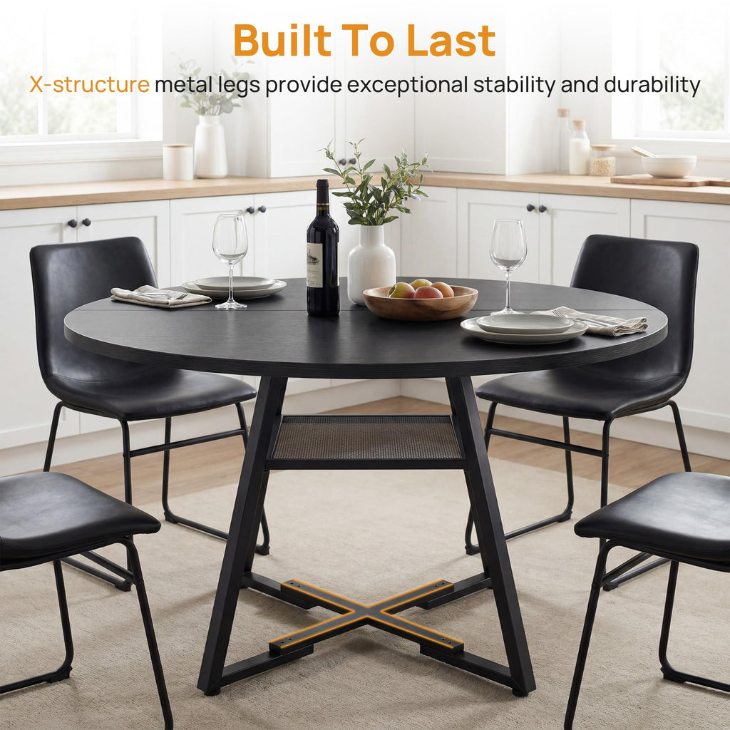 42" Round Dining Table for 4-6, Small Kitchen Table with Storage Shelf, Wood Industrial Circle Table with Pedestal