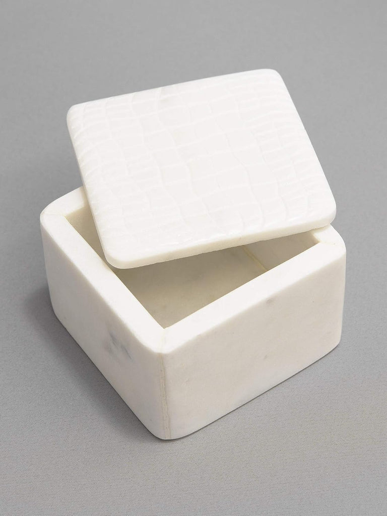 White Marble Storage Box with Lid - Crocodile Pattern - Small - 4" L x 4" W x 2.5" H