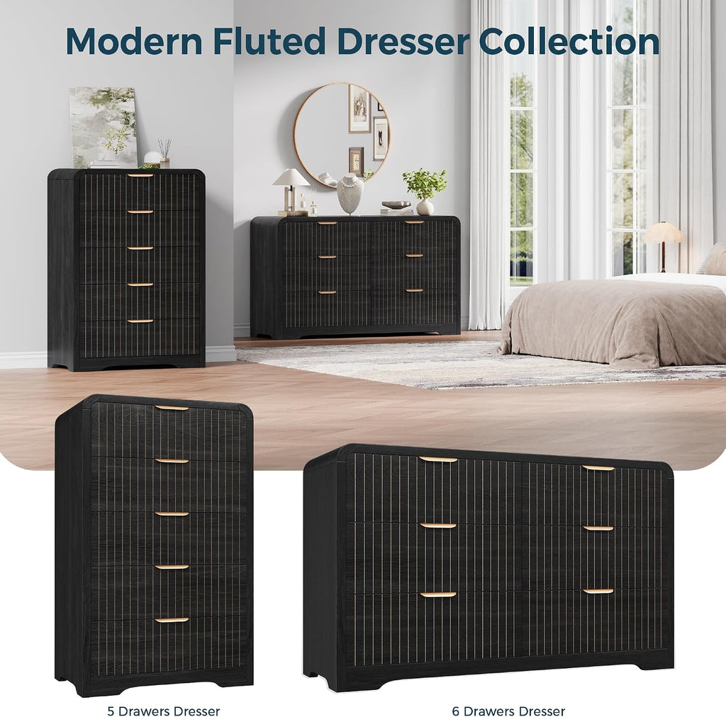 Modern 6 Drawer Dresser , 47" Wide Wood Dressers & Chests of Drawers Curved Profile Design, Mid Century Modern Fluted