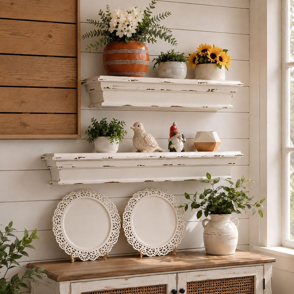 31.5 Inch Distressed White Wall Shelf, Rustic Farmhouse Floating Shelf