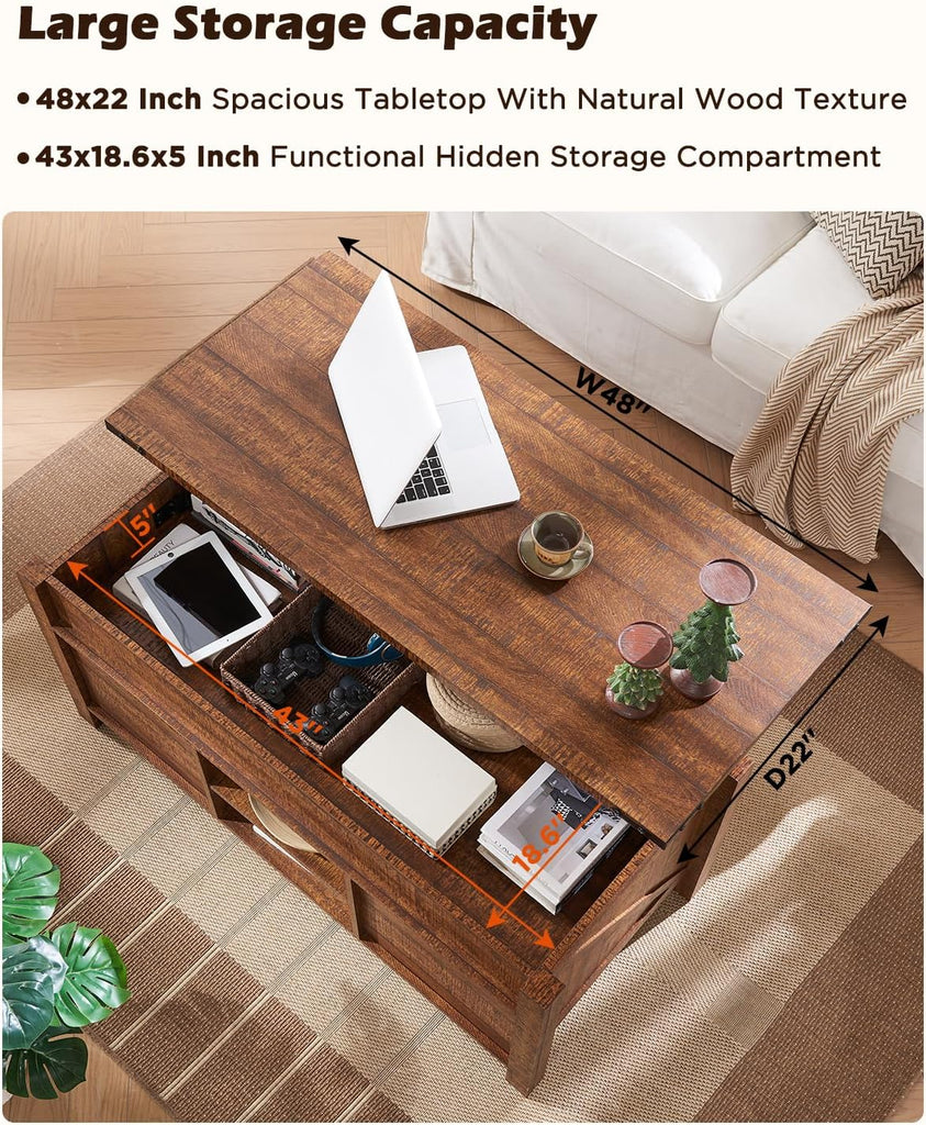 48" Farmhouse Lift Top Coffee Table with Sliding Barn Door,Rustic Center Table with Hidden Storage Compartment,Lifting