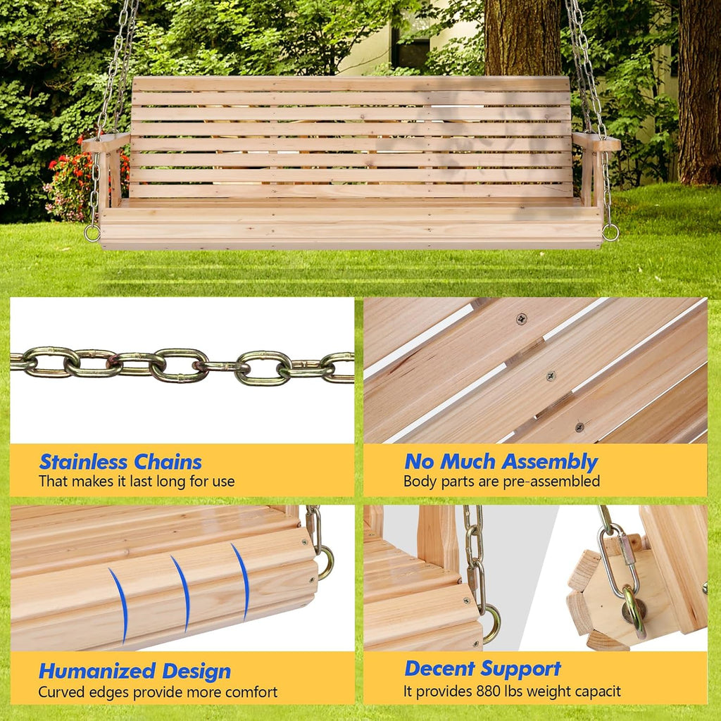 2026 Upgraded 5 FT Wooden Porch Swing, 880 LBS Heavy Duty, Natural | 2026 Upgraded Design; Heavy-Duty Wooden Swing;