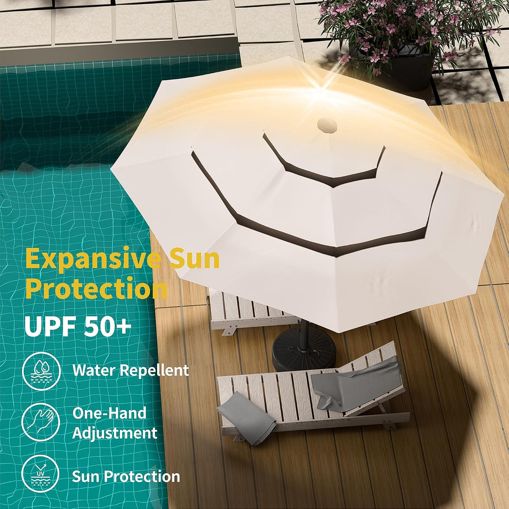 9ft 3-Tier Patio Umbrella with Solar Lights, Table Umbrella Outdoor Patio with Easy Crank & Tilt, 8 Sturdy Ribs