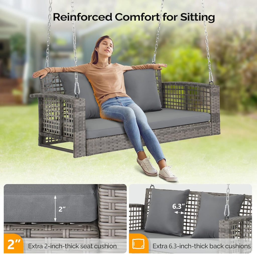 4FT Rattan Swing Bench, Outdoor Wicker Hanging Porch Swing (Grey) | 2 Person Patio Bench Swings, Adult Swing for