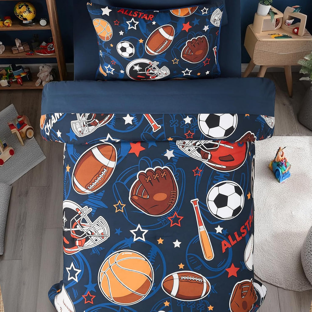 Comforter Set for Boys-5 Pieces Sports Ball Games Glow in the Dark Bedding Sets for Kids, Soft Bed in A Bag